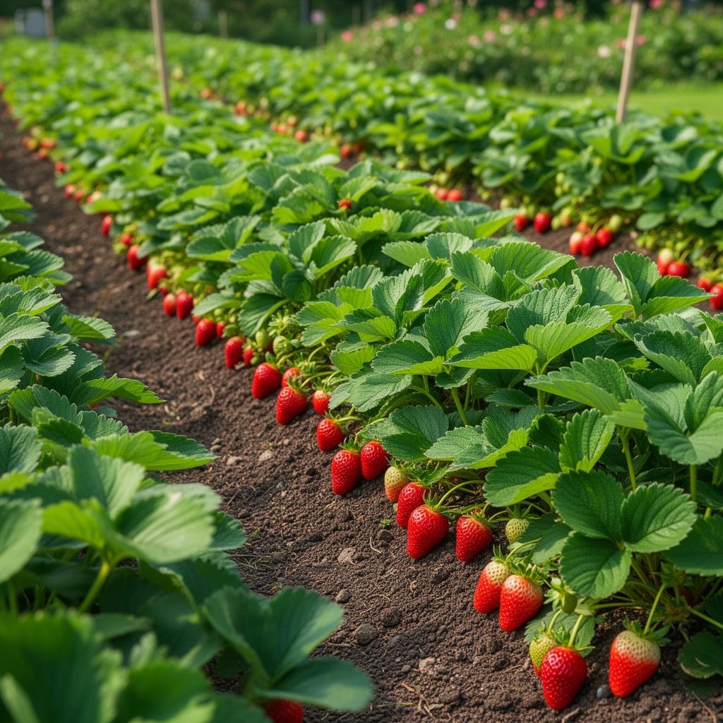 Кущі полуниці з рясним урожаєм